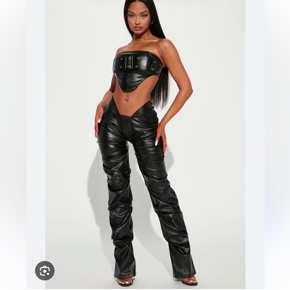 Fashion Nova Black Faux Leather Strapless Belted Top & High-Waist Pants Set